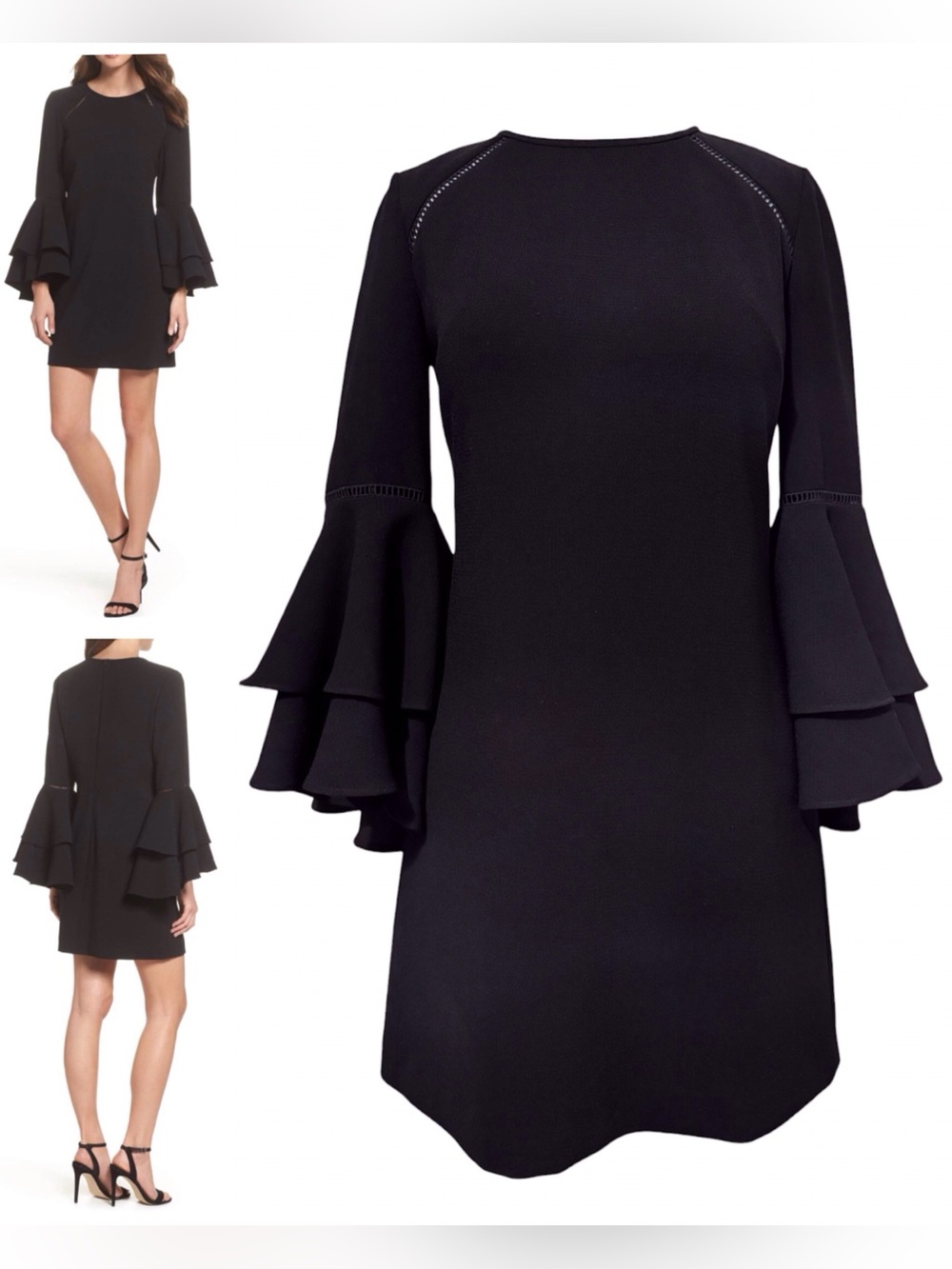 Chelsea 28 Black 3/4 Tiered Bell Sleeve Shift Dress Size 0P EUC